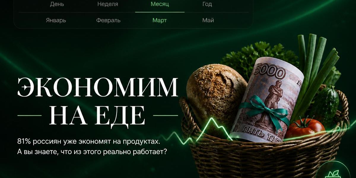 Плетёная корзина с продуктами и рублёвой купюрой — экономия на еде в России в 2026 году