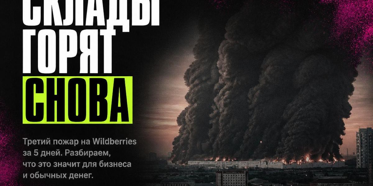 Плакат «Склады горят снова» на фоне дыма от пожара склада Wildberries