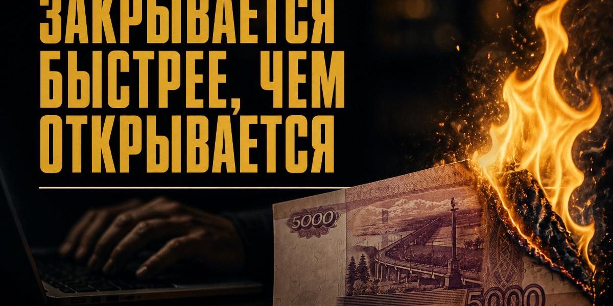 Горящая купюра 5000 рублей на фоне ноутбука — закрытие бизнеса в России в 2026 году