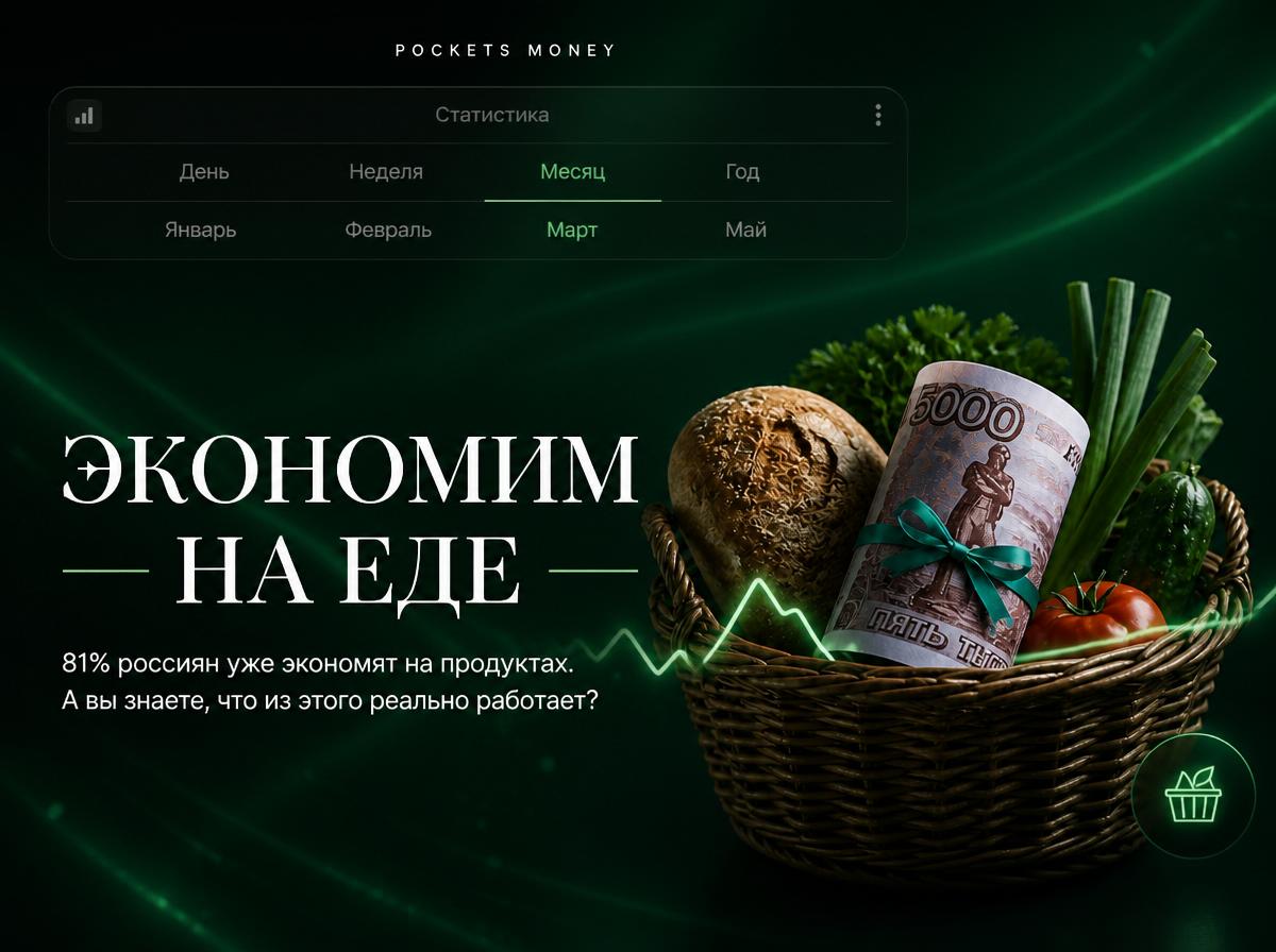 Плетёная корзина с продуктами и рублёвой купюрой — экономия на еде в России в 2026 году