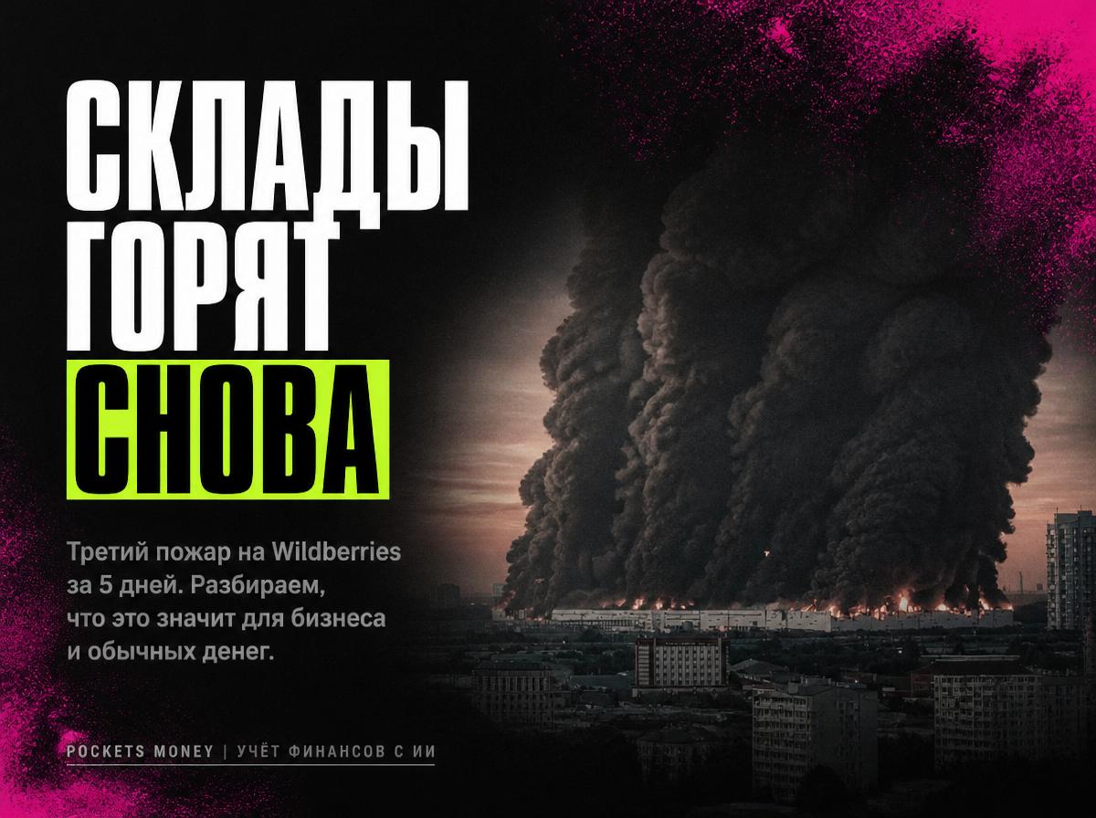 Плакат «Склады горят снова» на фоне дыма от пожара склада Wildberries
