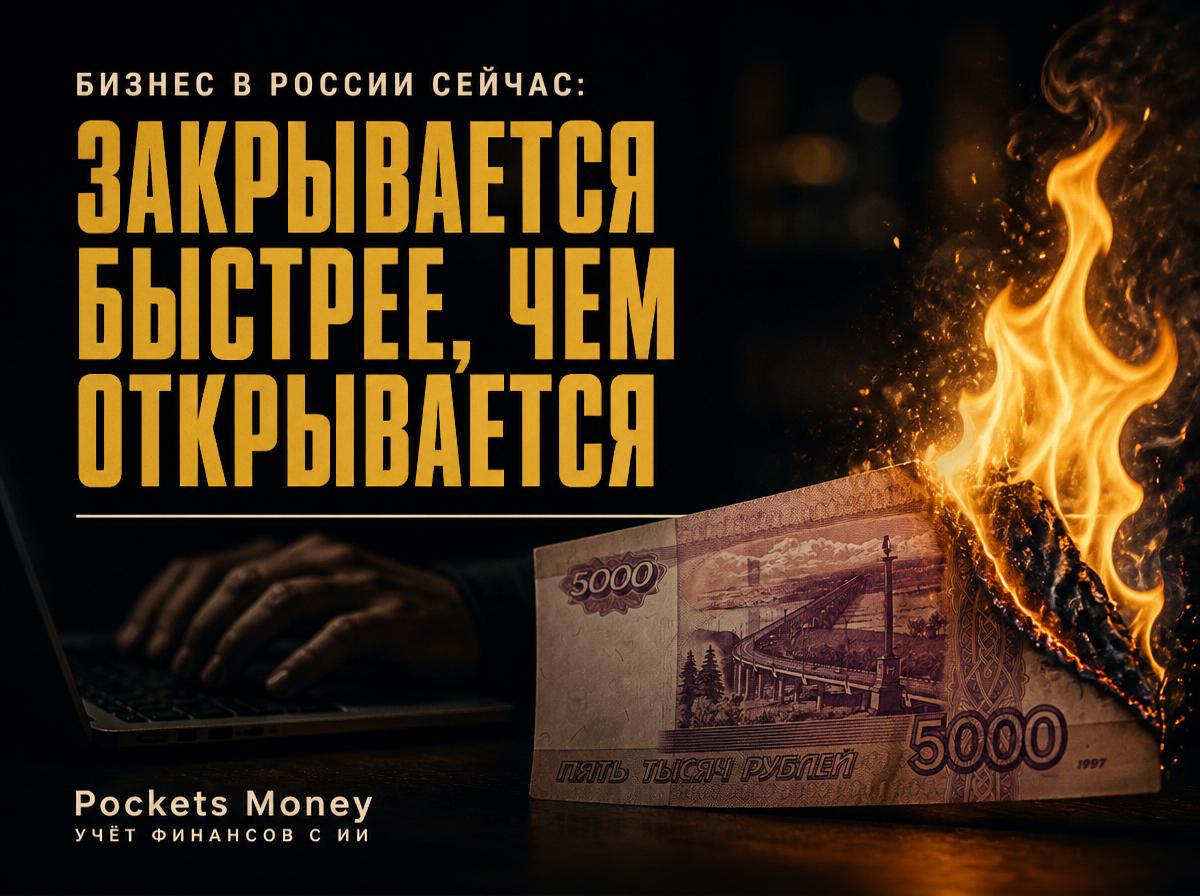 Горящая купюра 5000 рублей на фоне ноутбука — закрытие бизнеса в России в 2026 году